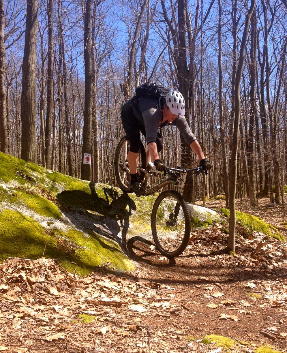 A mountain biker jumps off a moss-covered rock in a forest during a sunny day, showcasing excitement and action. The background features tall trees with bare branches and patches of fallen leaves on the ground. A trail sign is partially visible in the background. Big Bear Lake Trail Center mountain bike trail.
