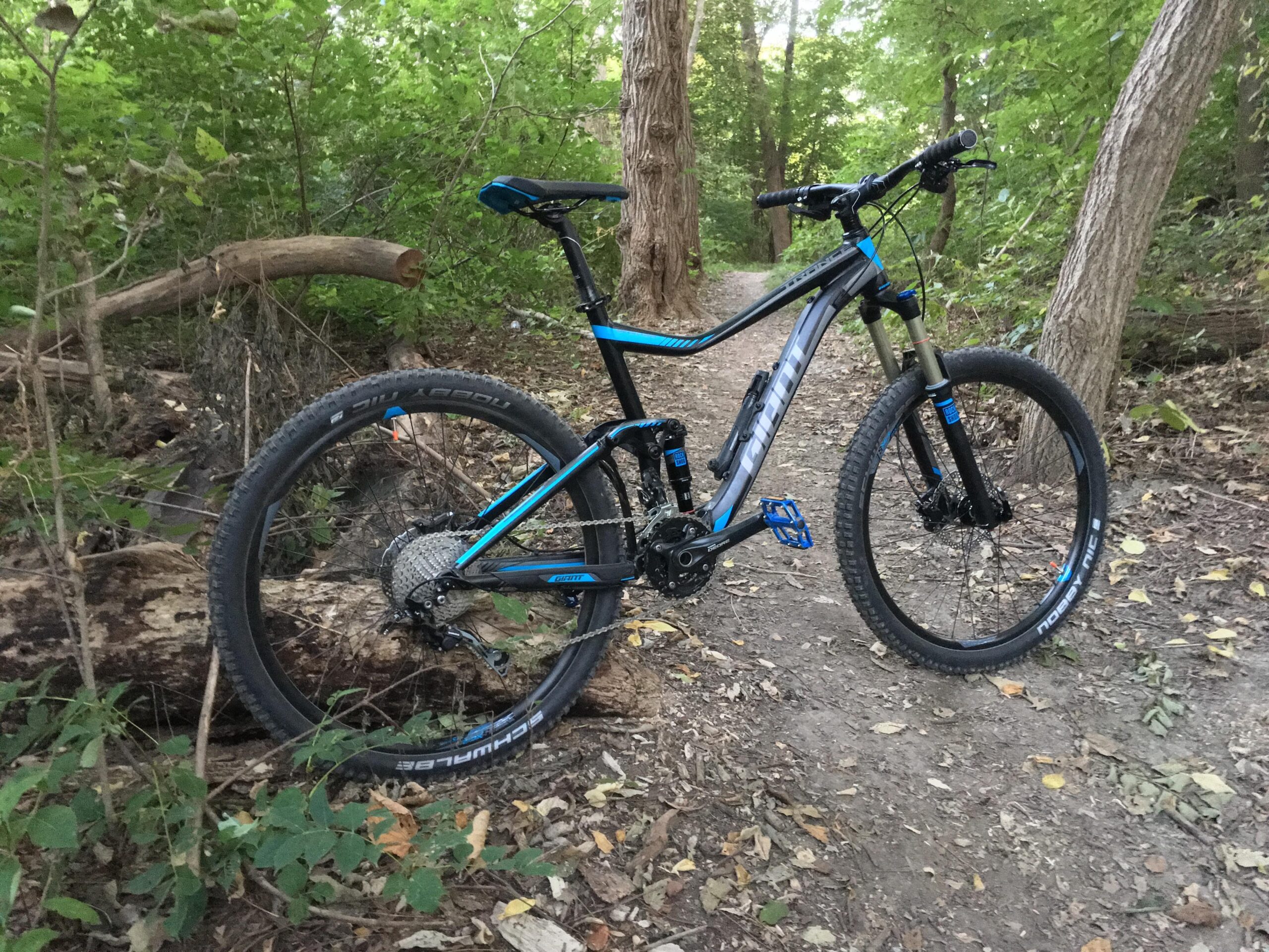 Giant Trance 27.5 3: A mountain bike with a blue and gray frame is positioned beside a dirt trail in a wooded area, surrounded by greenery and fallen leaves. The bike features wide tires and a sturdy construction, reflecting its suitability for off-road cycling.