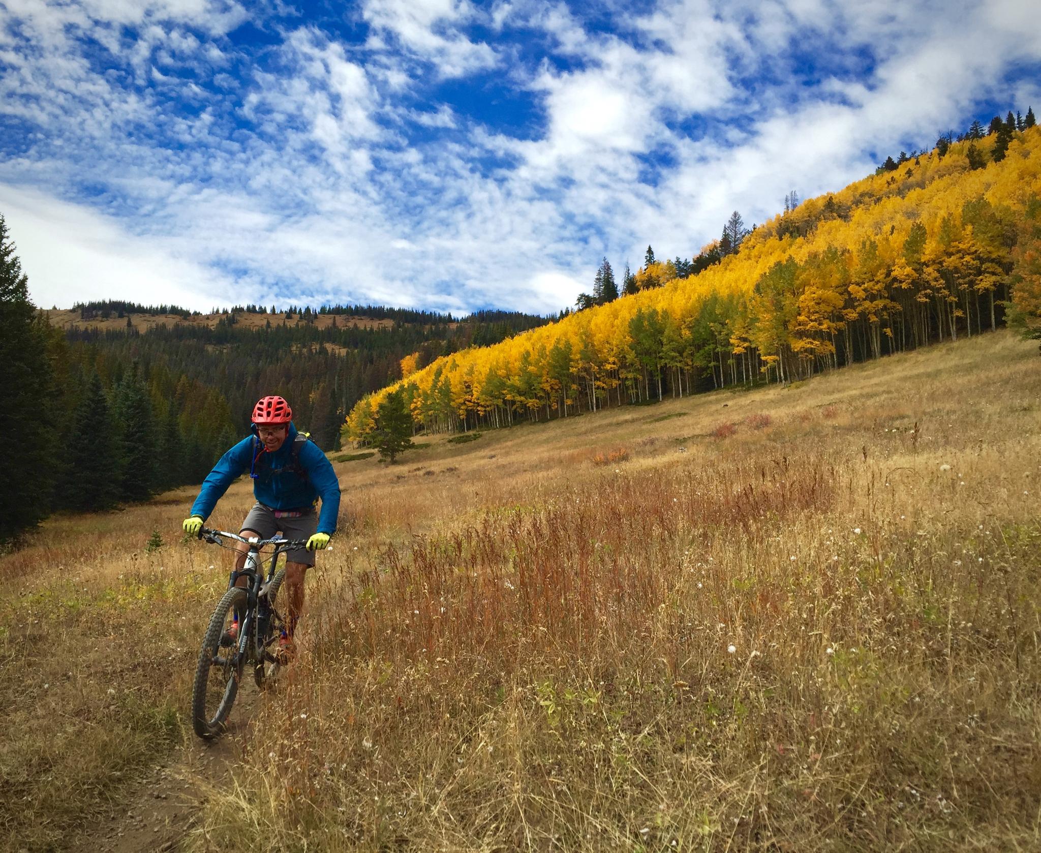 A mountain biker rides along a dirt path through a scenic landscape featuring vibrant autumn foliage, with a backdrop of rolling hills and a bright blue sky filled with clouds. Monarch Crest Trail mountain bike trail.