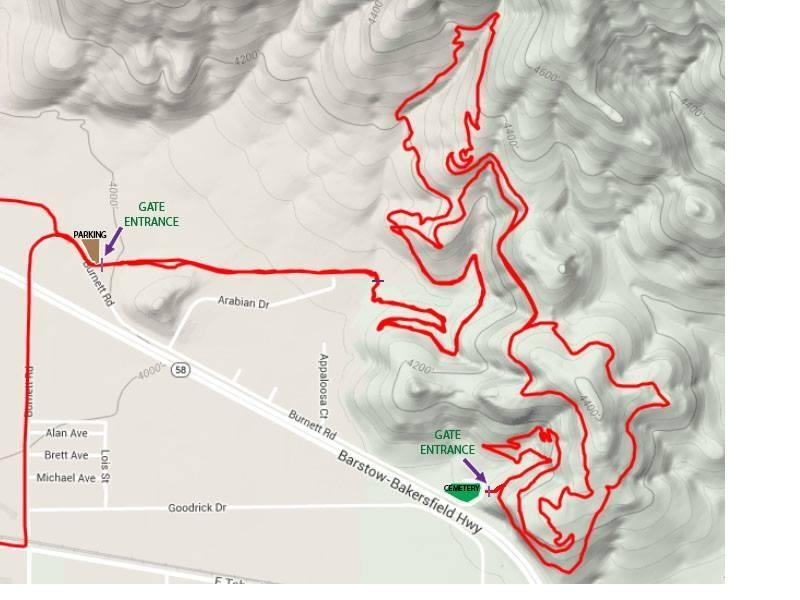 Map indicating hiking trails with marked points for parking, gate entrances, and a cemetery. The trails are outlined in red against a topographic background showing elevation changes. TMTA Lehigh trails mountain bike trail.