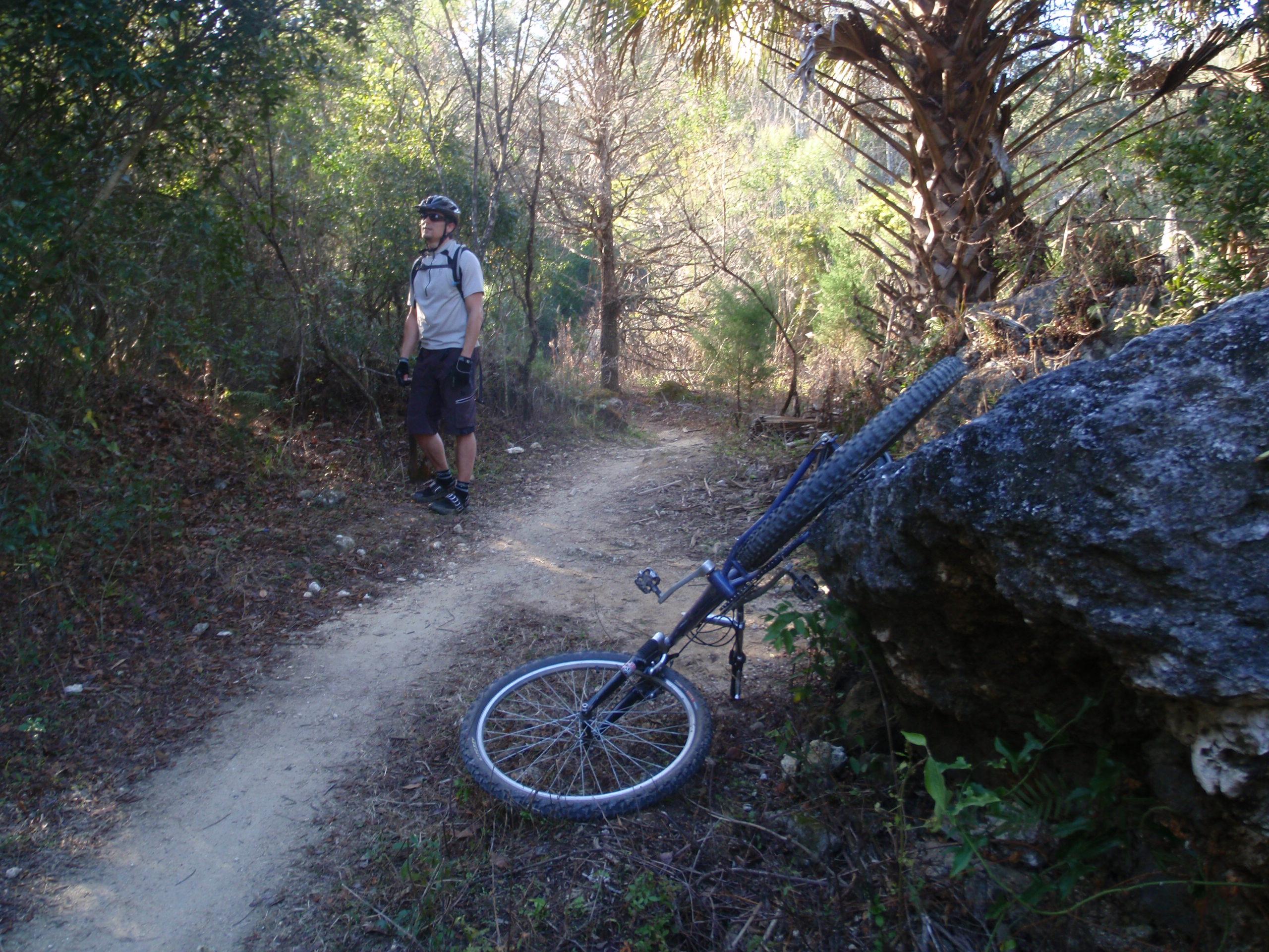 A mountain biker stands on a dirt trail surrounded by greenery, looking at a rock. Next to him, a bicycle lays on its side with one wheel propped against a stone. Santos mountain bike trail.