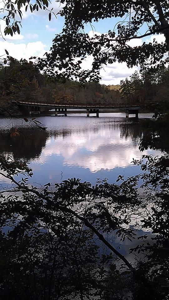A serene view of a calm lake reflecting the sky, framed by foliage and trees. A wooden bridge crosses the water, surrounded by autumn-colored trees in the background and fluffy white clouds in a blue sky. Swayback Bridge Trail mountain bike trail.