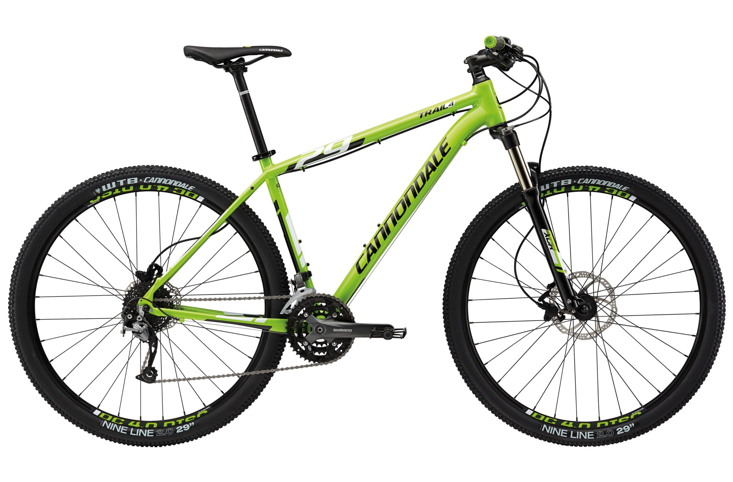 Cannondale Trail 4: A bright green mountain bike with a durable frame, featuring thick tires designed for rugged terrain. The bike has a visible Shimano drivetrain, front suspension, and disc brakes, showcasing its functionality for off-road riding. The brand "Cannondale" is prominently displayed on the frame.