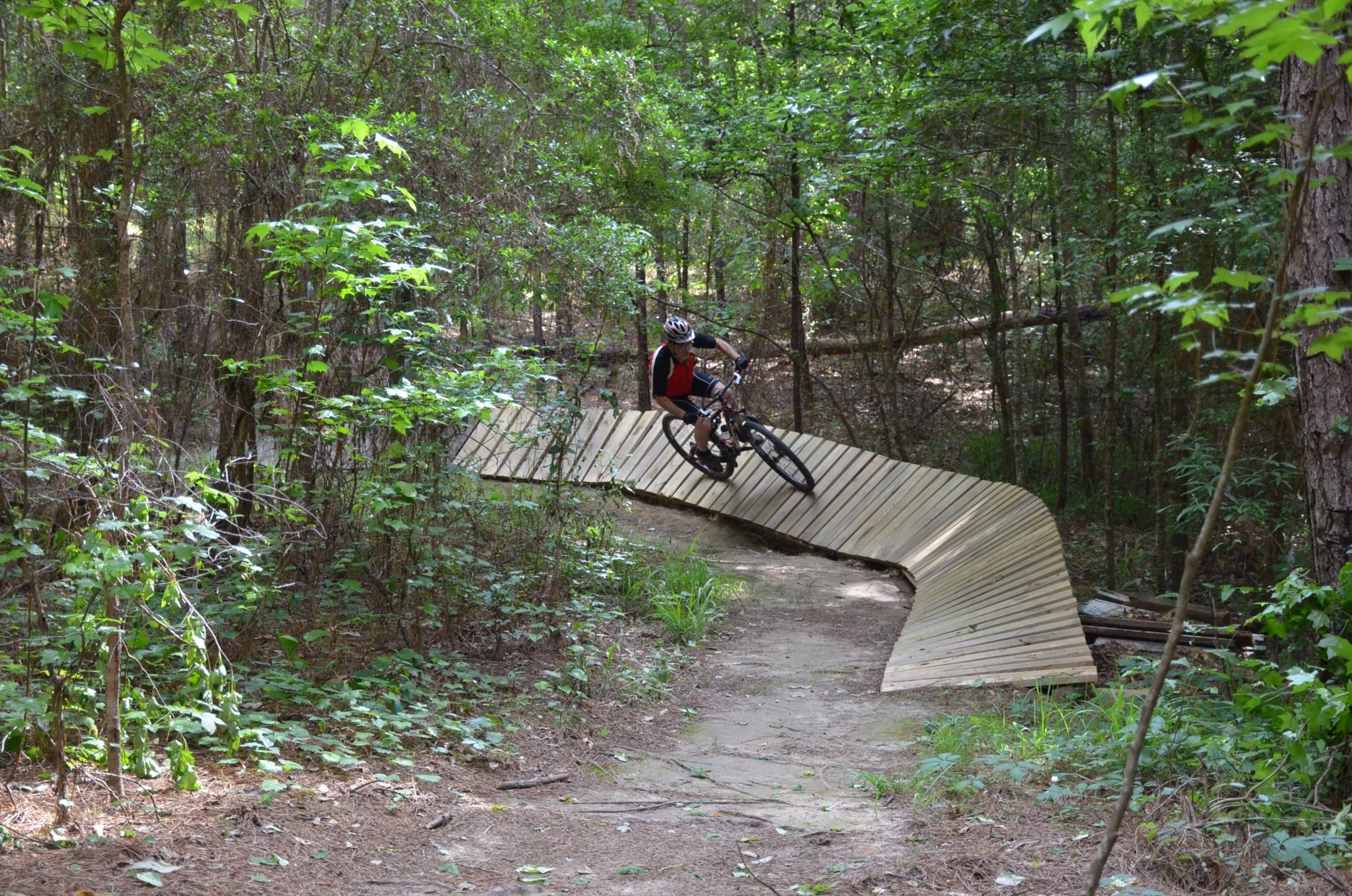 A mountain biker navigates a curved wooden bridge on a forest trail, surrounded by lush greenery and trees. The cyclist leans into the turn, showcasing an action-packed moment in outdoor biking. Mt. Zion Bike Trails mountain bike trail.