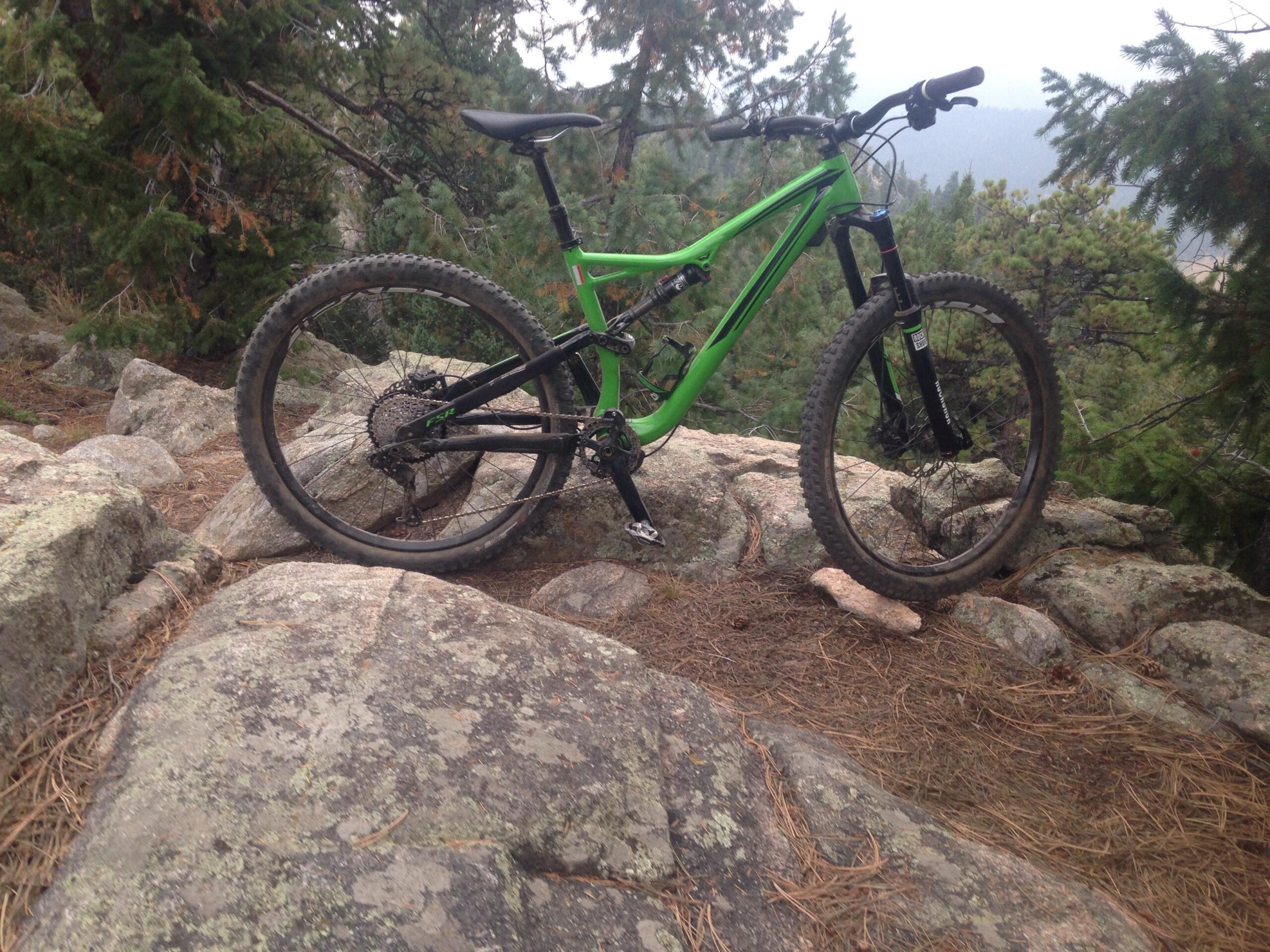 Specialized Stumpjumper FSR: A green mountain bike resting on rocky ground surrounded by trees, with a misty landscape in the background.