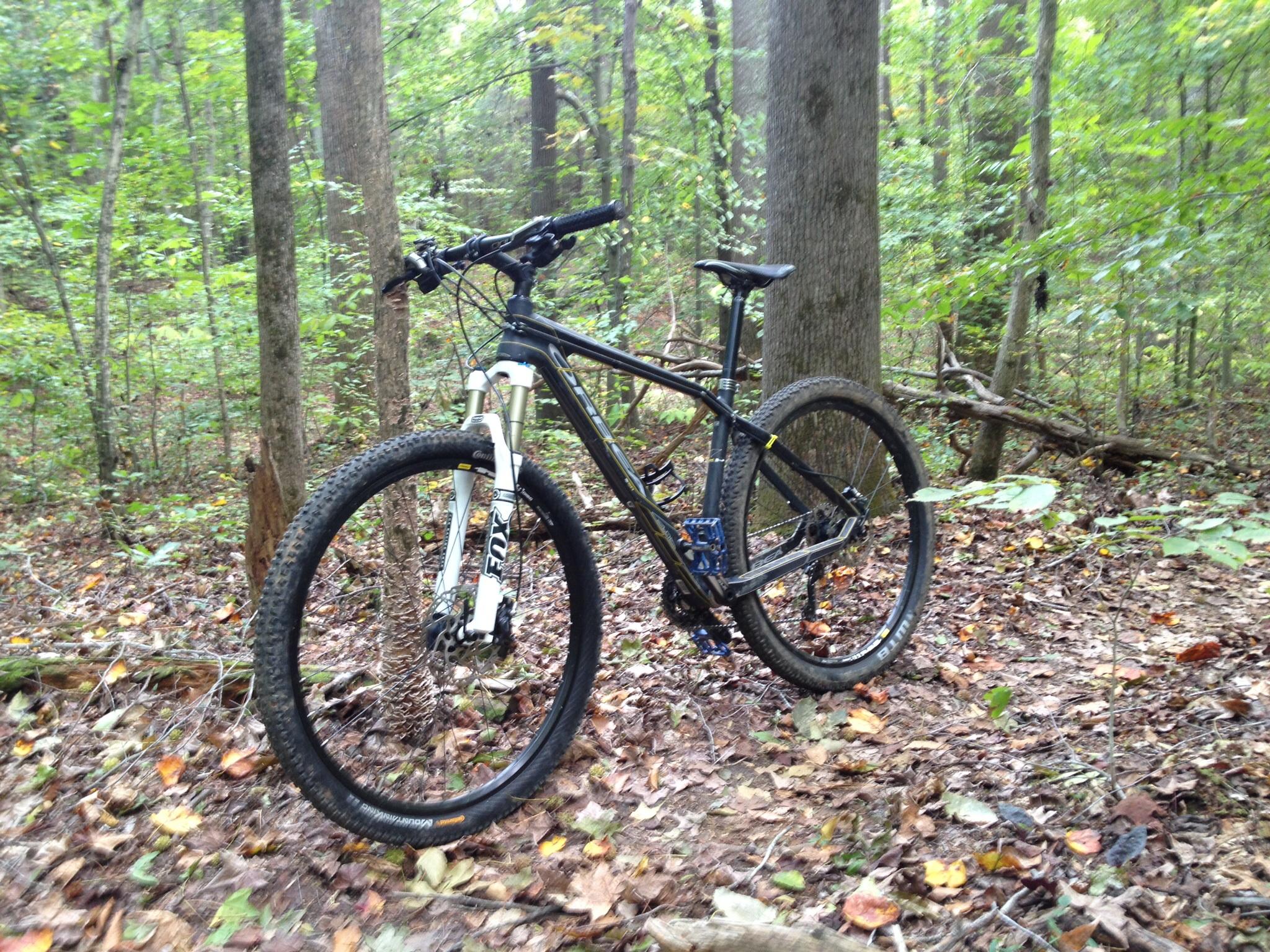 A mountain bike leaning against a tree in a forested area, surrounded by fallen leaves and greenery. The bike features thick tires and a suspension system, indicating it's designed for off-road use. Blue Heron mountain bike trail.