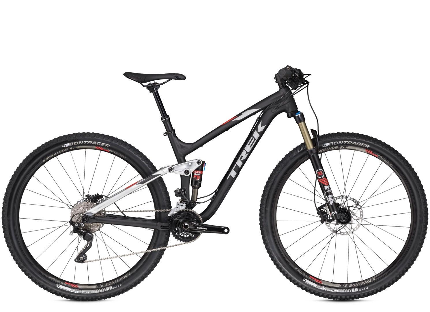 Trek Fuel EX 8 29: A black and silver mountain bike with a sleek design, featuring wide tires and front suspension. The bike's frame is made of lightweight material, and it is equipped with Shimano components for smooth gear shifting. The wheels are branded Bontrager and designed for off-road performance. The bike is shown against a plain white background.