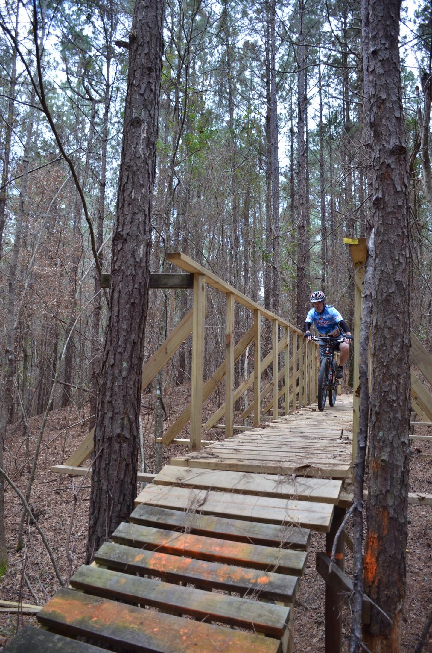 A mountain biker crossing a wooden bridge in a dense forest of tall pine trees. The bridge is elevated and surrounded by brown foliage, with the biker wearing a helmet and colorful cycling attire. Mt. Zion Bike Trails mountain bike trail.