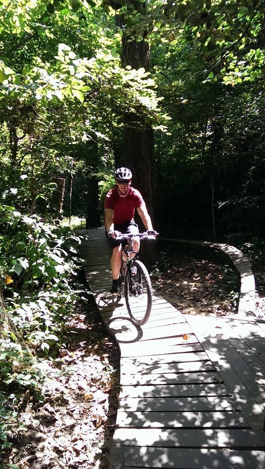 A mountain biker riding on a wooden trail through a lush, green forest, with dappled sunlight filtering through the leaves. The path winds around, showcasing dense vegetation and trees in the background. Buttermilk mountain bike trail.