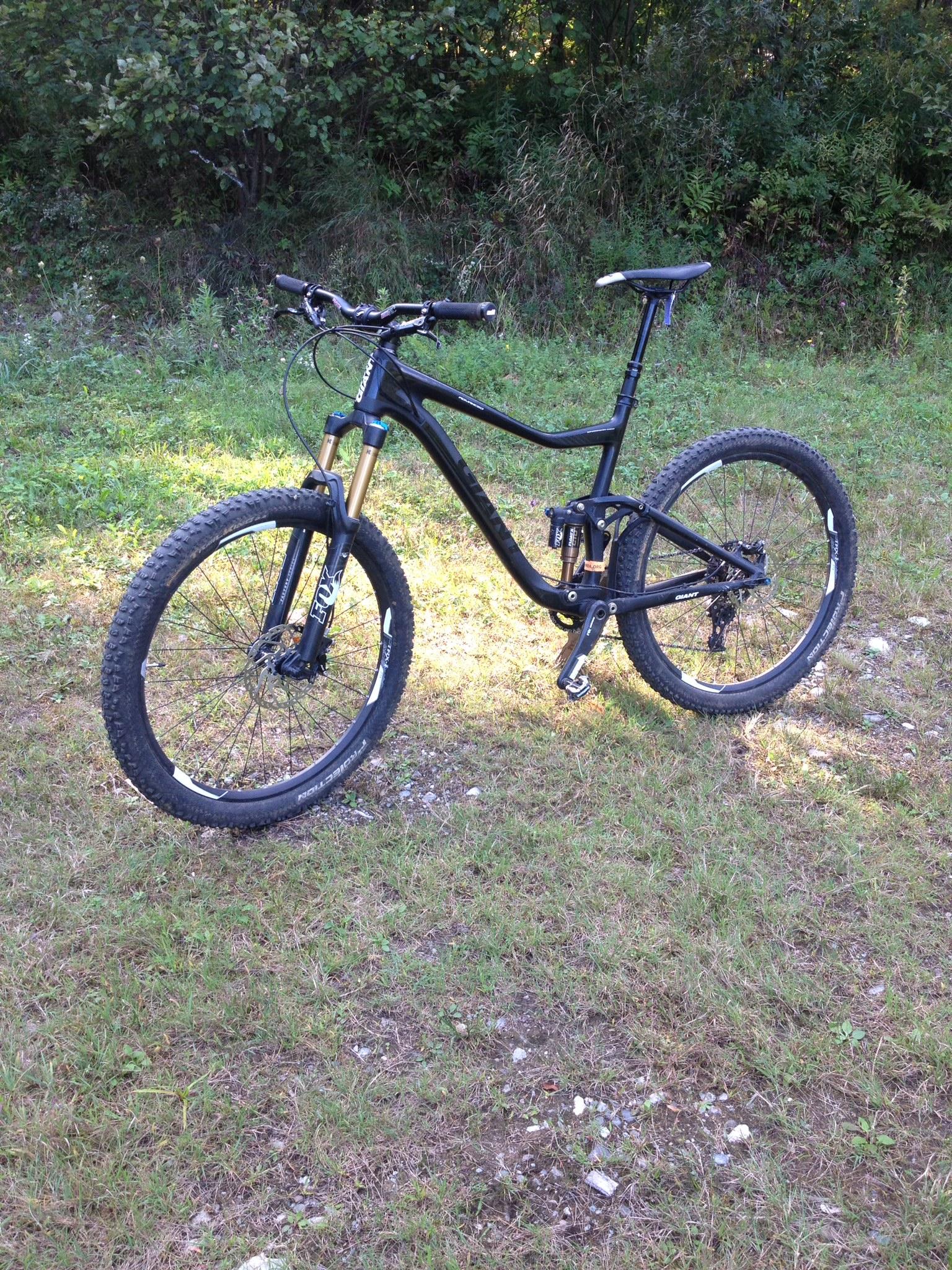 Giant Giant Trance Advanced 27.5 2: A black mountain bike with gold suspension forks, resting on a grassy area surrounded by trees and foliage. The bike features wide tires and a sleek frame design, indicating it is built for off-road cycling.