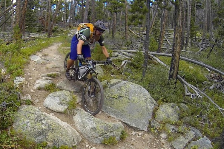 A person mountain biking along a rocky trail in a forested area, surrounded by trees and greenery. The biker is wearing a helmet and a backpack, navigating over large stones while pedaling.