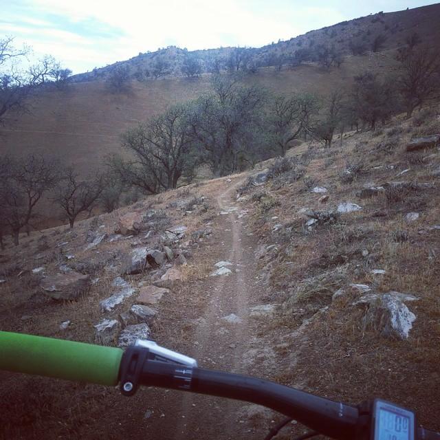 Mountain bike on a rocky trail with a view of rolling hills, sparse trees, and a cloudy sky. The handlebars with a green grip and a digital display are prominently in the foreground, suggesting an active biking experience. TMTA Lehigh trails mountain bike trail.