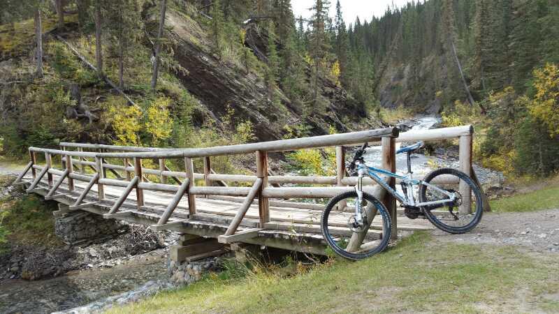 A mountain bike parked on a rustic wooden bridge over a flowing stream, surrounded by tall trees and rocky terrain, with autumn foliage in the background. Goat Creek mountain bike trail.