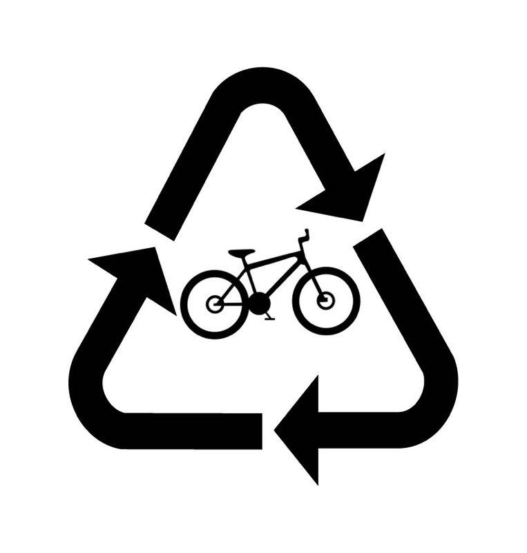 A black recycling symbol with arrows forming a triangle, featuring a bicycle silhouette in the center.