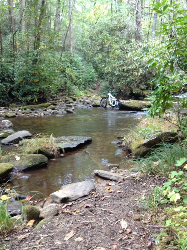 A serene view of a shallow stream winding through a forested area, surrounded by greenery. Smooth stones line the banks, and patches of grass peek through the rocks. In the distance, a partially submerged bicycle is resting on a large rock in the water, adding an unexpected element to the natural scene. Bradley Creek / 351 mountain bike trail.