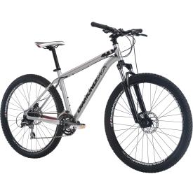 Diamondback Axis xe: A silver mountain bike with a sleek design, featuring a dual suspension system, wide tires, and disc brakes, positioned on a neutral background.