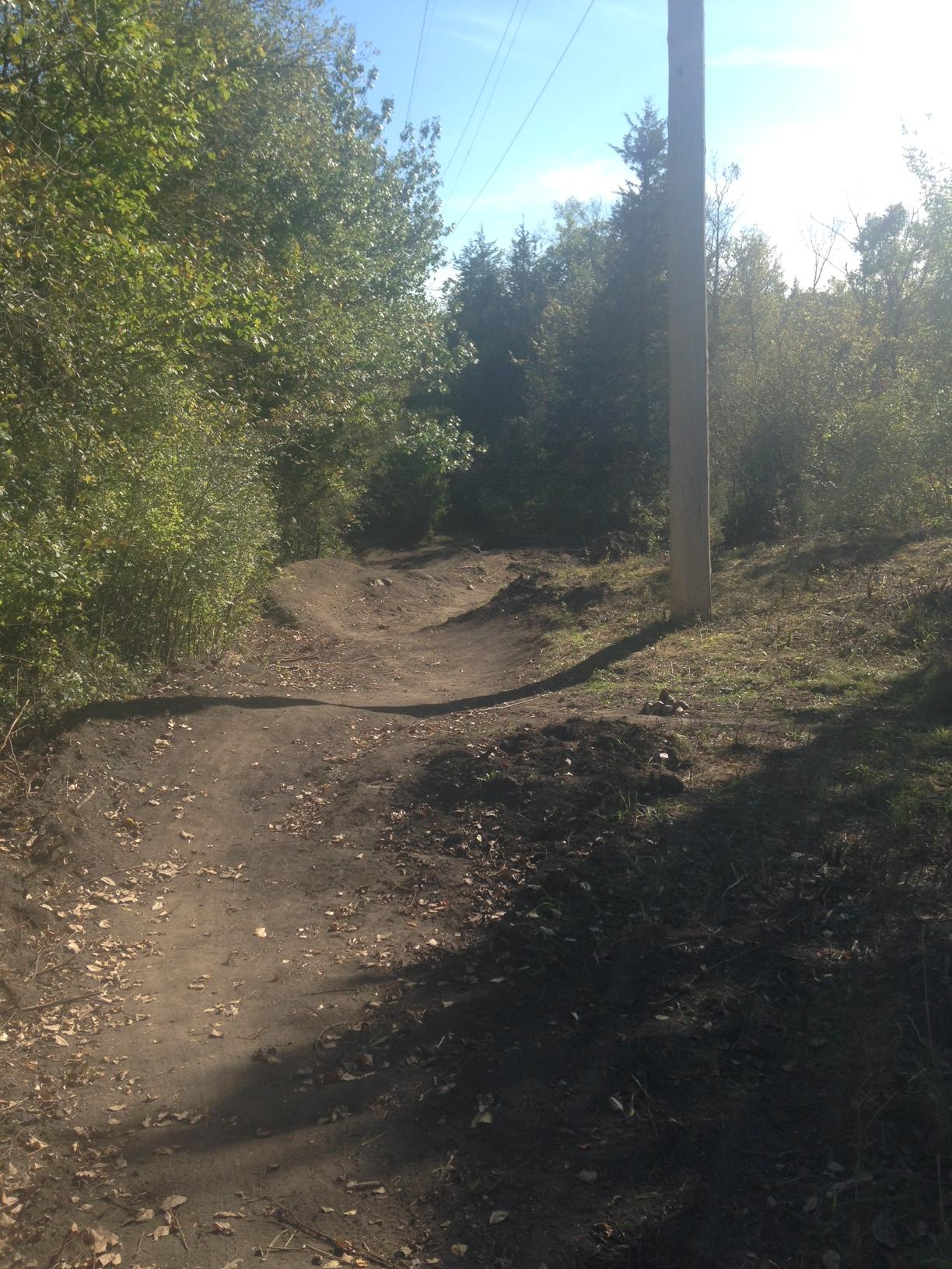 A dirt pathway winding through a lush green area with trees and shrubs on either side, under a clear blue sky. A utility pole is visible on the right side of the path, and the ground shows signs of recent clearing, with some loose soil and scattered leaves. Elm Creek Park mountain bike trail.