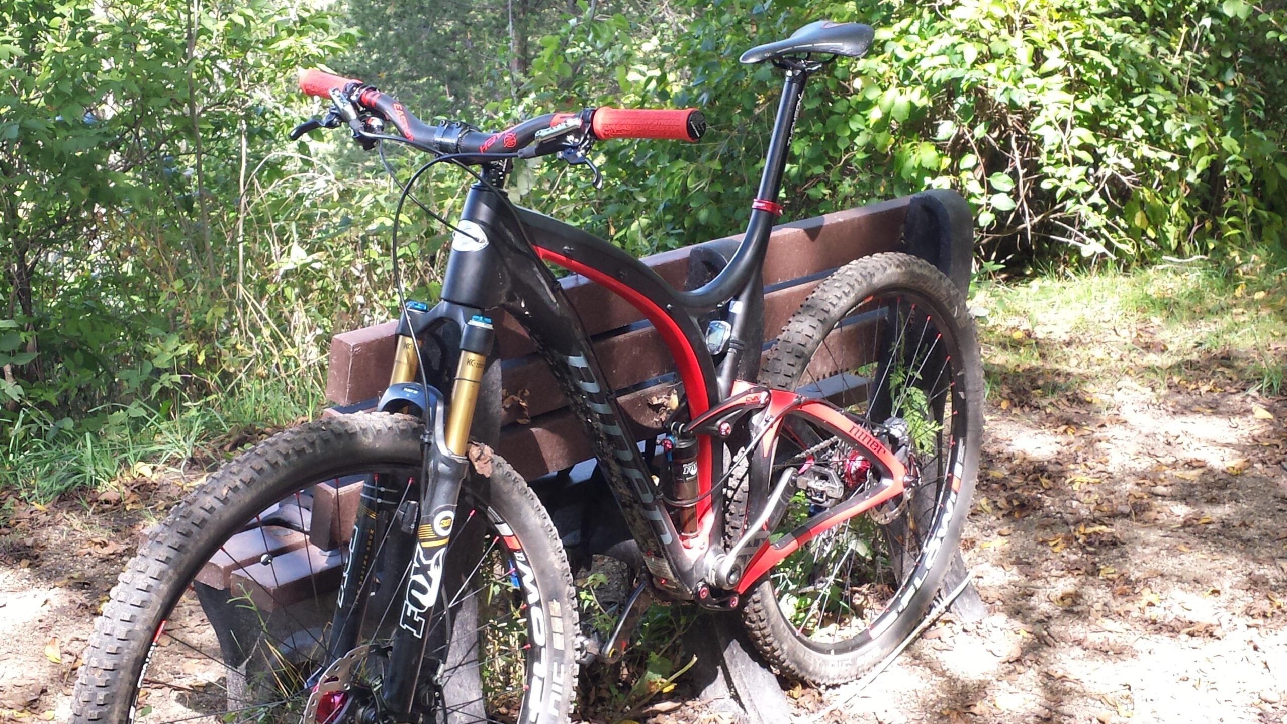 Niner Jet 9 RDO: A mountain bike resting against a wooden bench in a shaded outdoor setting, surrounded by green foliage and fallen leaves on the ground. The bike features thick, knobby tires and has a black and red frame, with prominent suspension forks and handlebars adorned with red grips.