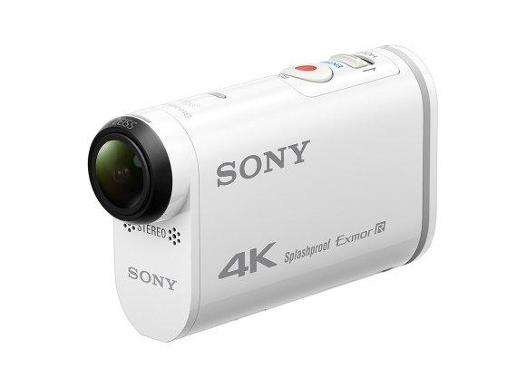 Sony FDR-X1000V: A compact, white Sony action camera featuring a 4K recording capability, splashproof design, and a wide lens, with a prominent red recording button on top. The camera has the Sony logo displayed on both the front and side.
