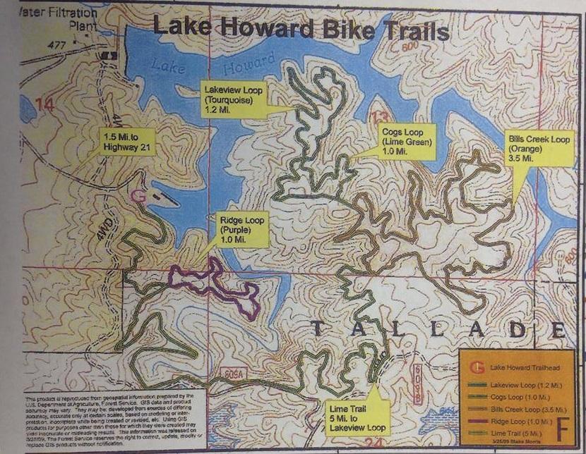 Map of Lake Howard Bike Trails, featuring various trails marked in different colors: Lakeview Loop (turquoise, 1.2 miles), Cogs Loop (lime green, 1.0 mile), Bills Creek Loop (orange, 3.5 miles), Ridge Loop (purple, 1.0 mile), and Lime Trail (5 miles to Lakeview Loop). The map includes topographical details and nearby landmarks. Sylaward mountain bike trail.