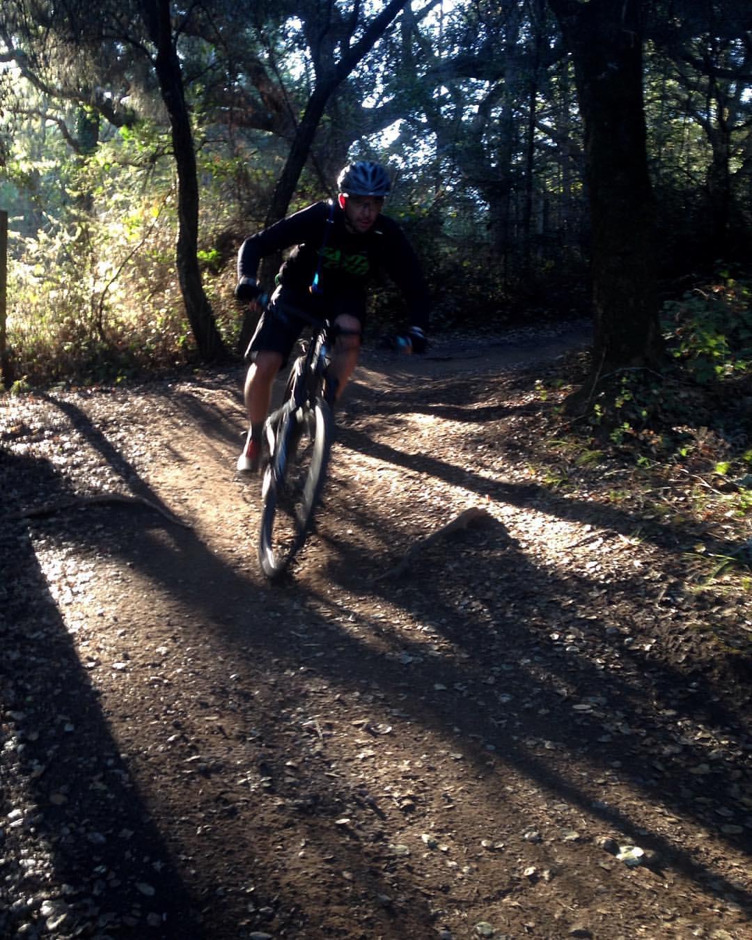 A mountain biker navigating a dirt trail surrounded by trees, with sunlight filtering through the foliage. The rider is leaning forward and appearing to gain speed on a sunlit path covered in small stones and dirt. Wilder Ranch State Park mountain bike trail.