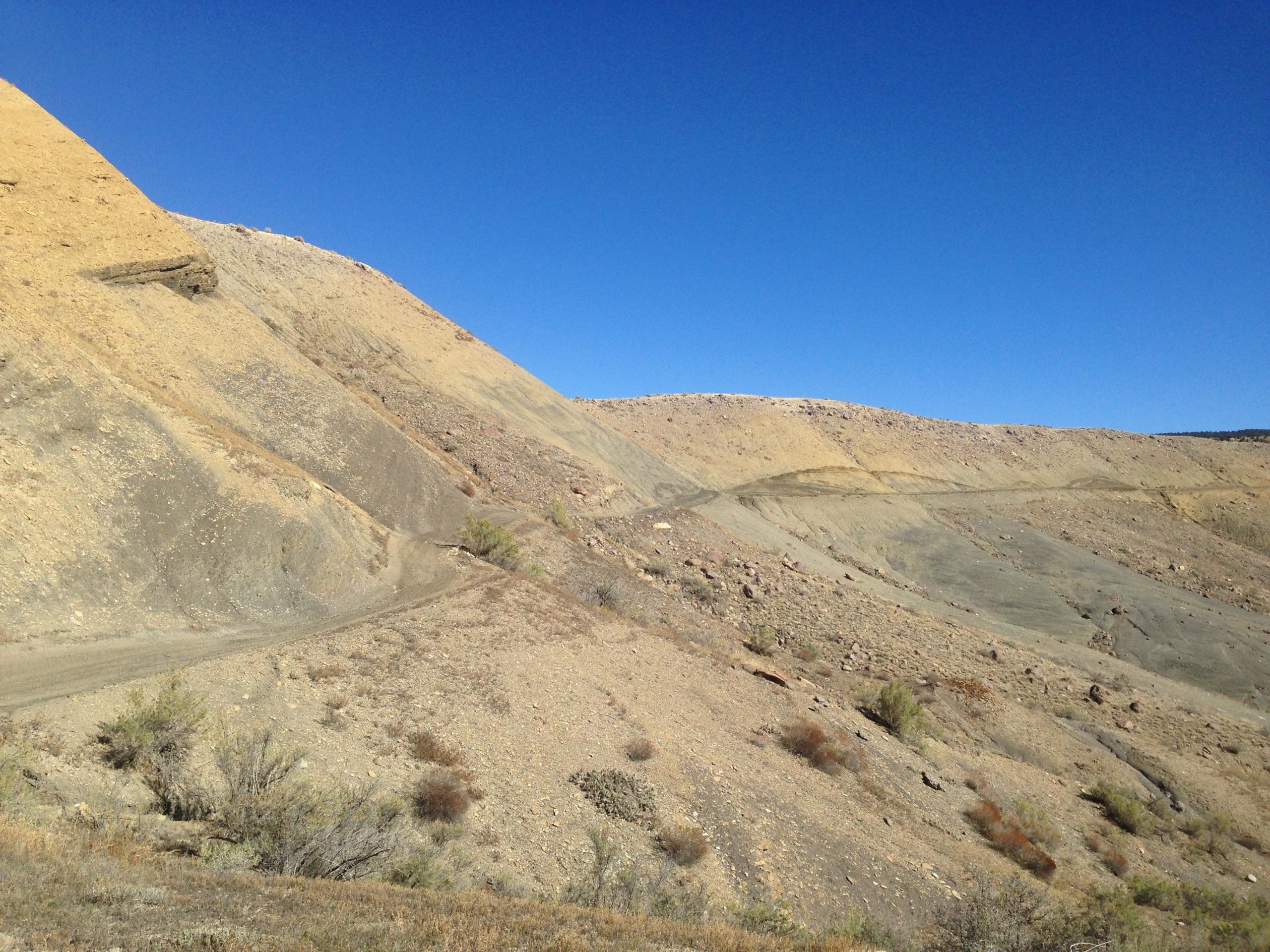 A dry, rugged landscape featuring steep, sloped hills with a mix of brown and gray earth tones. Sparse vegetation surrounds a winding dirt path that ascends through the terrain, set against a clear blue sky. Sidewinder mountain bike trail.