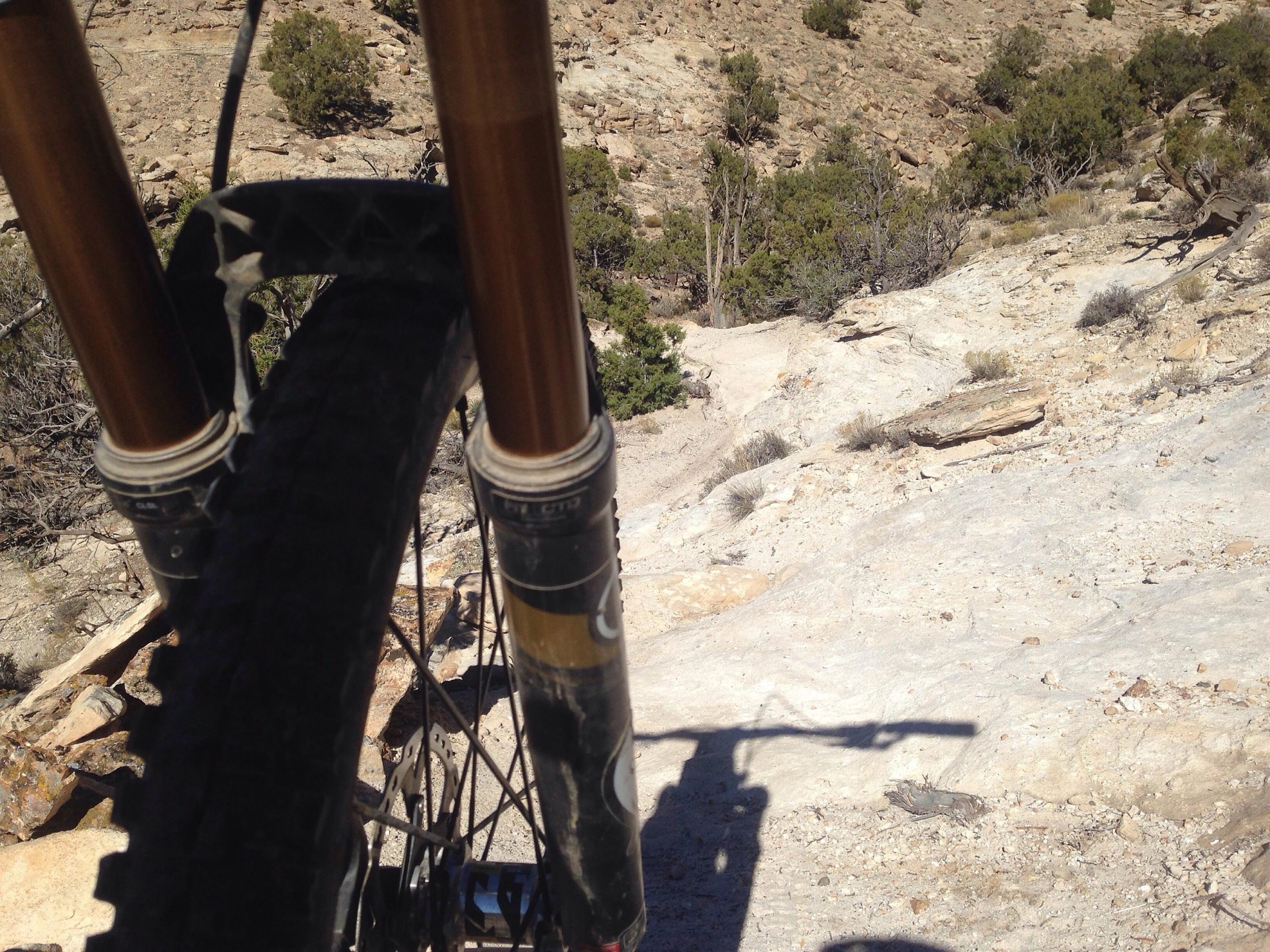 A close-up view of a mountain bike's front wheel and suspension forks, positioned above rocky terrain. The ground is dry with sparse vegetation and small shrubs in the background, suggesting a rugged outdoor environment. Sidewinder mountain bike trail.