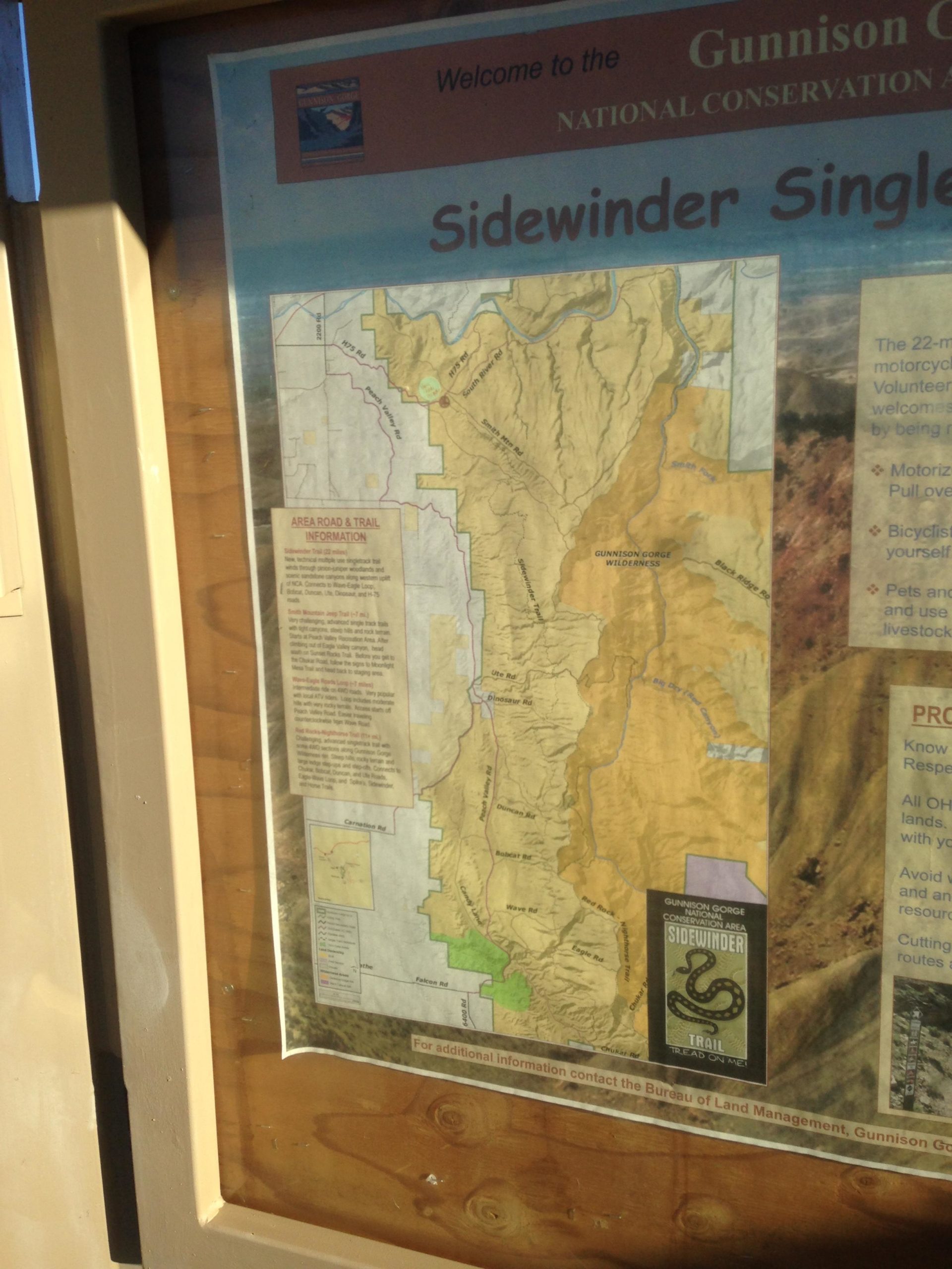 A map displaying the Sidewinder Singletrack Trail within the Gunnison Conservation Area, featuring terrain details, road and trail information, and guidelines for visitors. The map is mounted on a wooden information board. Sidewinder mountain bike trail.