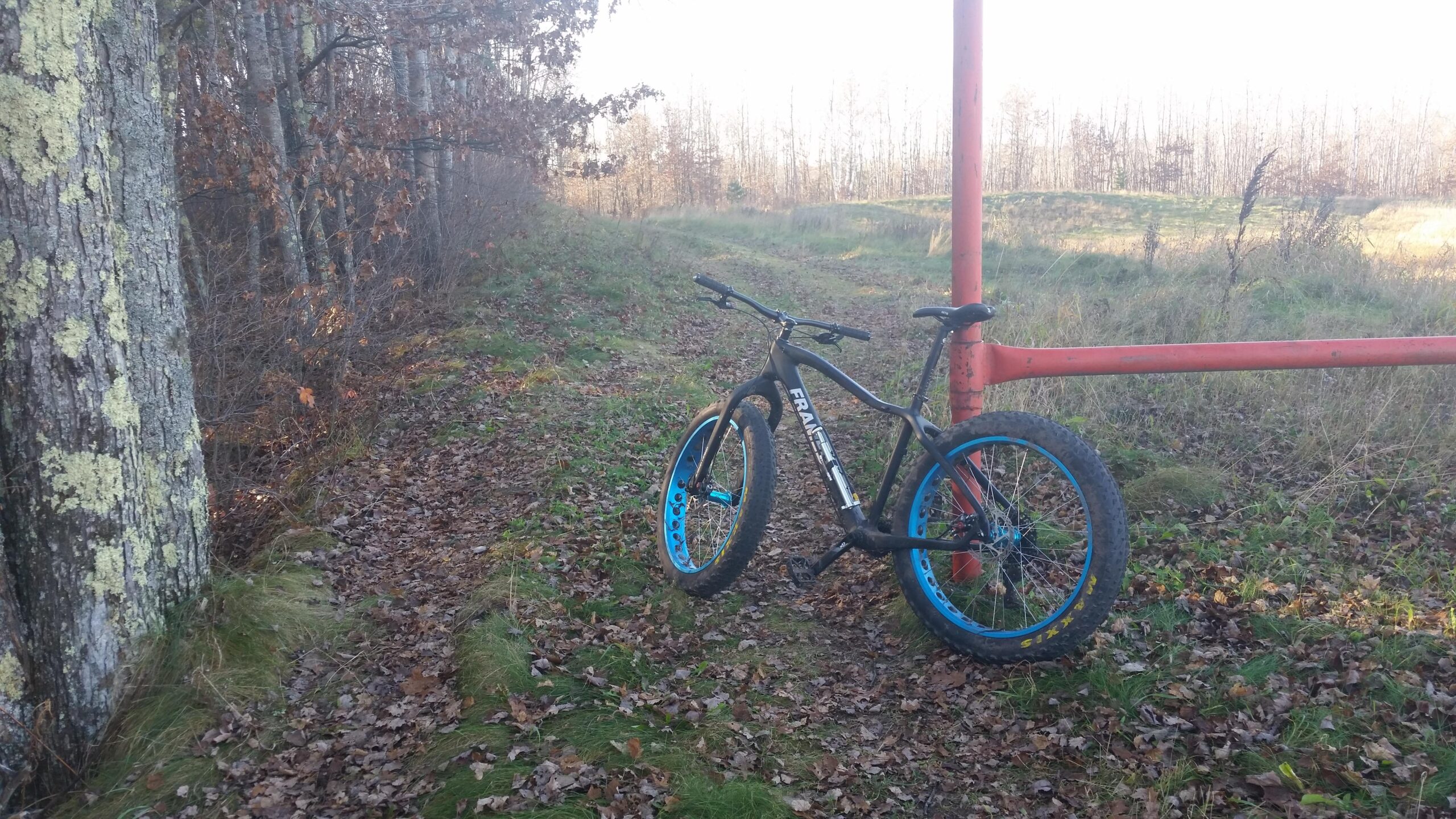 A mountain bike with blue wheels resting next to a red gatepost on a leaf-strewn pathway surrounded by trees. The scene is set in a wooded area during daytime, with sunlight filtering through the branches. Totogatic Trail mountain bike trail.