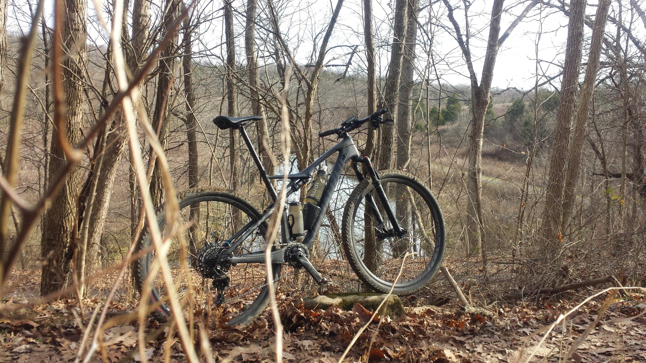 A mountain bike resting on a stone in a wooded area, surrounded by bare trees and fallen leaves, with a scenic view of a distant landscape in the background. Skullbuster mountain bike trail.