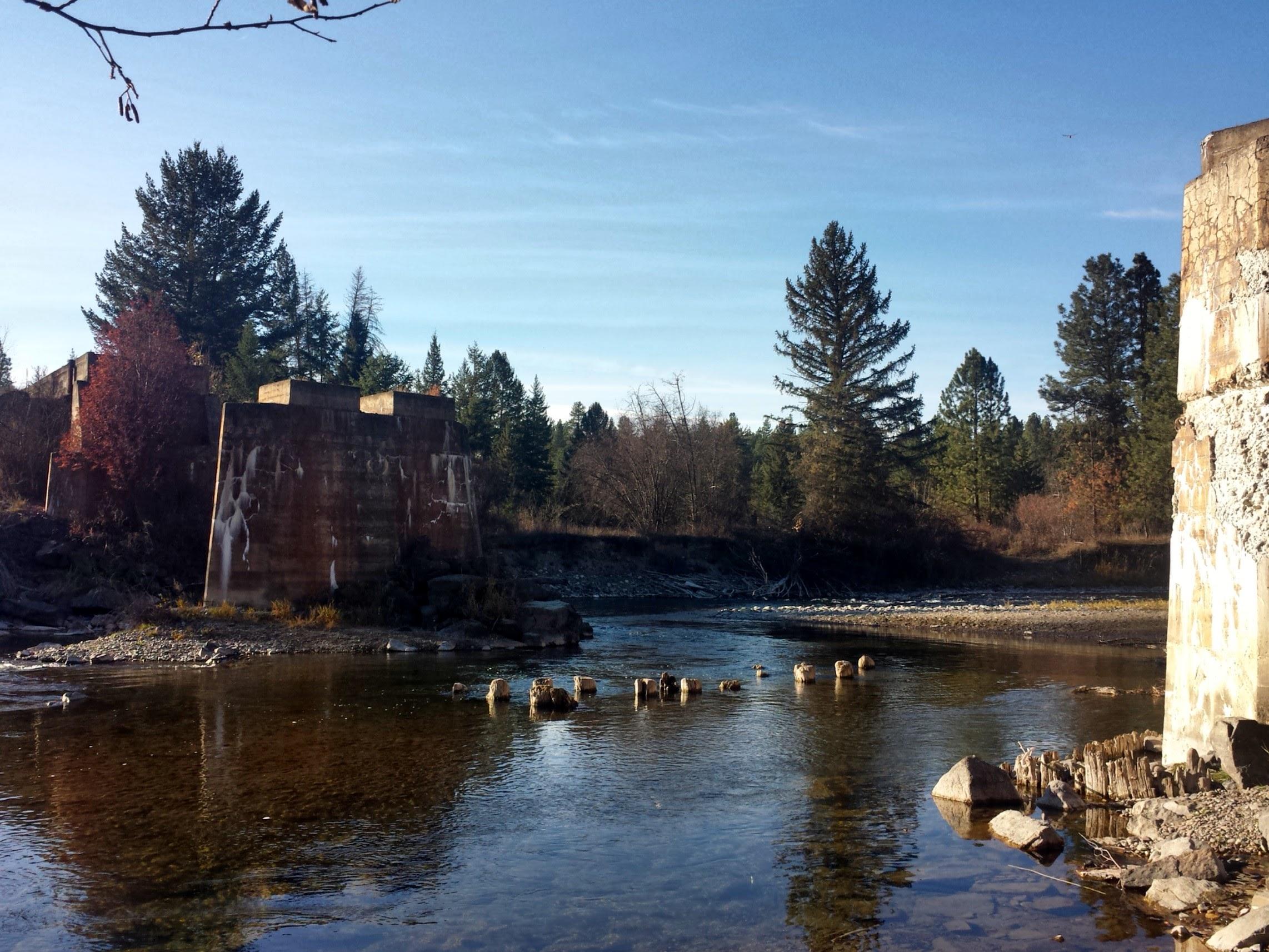 A serene landscape featuring a river reflecting the sky, with remnants of concrete structures on the banks. Surrounding the river are various trees, some showing autumn colors, under a clear blue sky. Shallow waters with rocks visible create a tranquil natural scene. Tobacco River Memorial Trail mountain bike trail.
