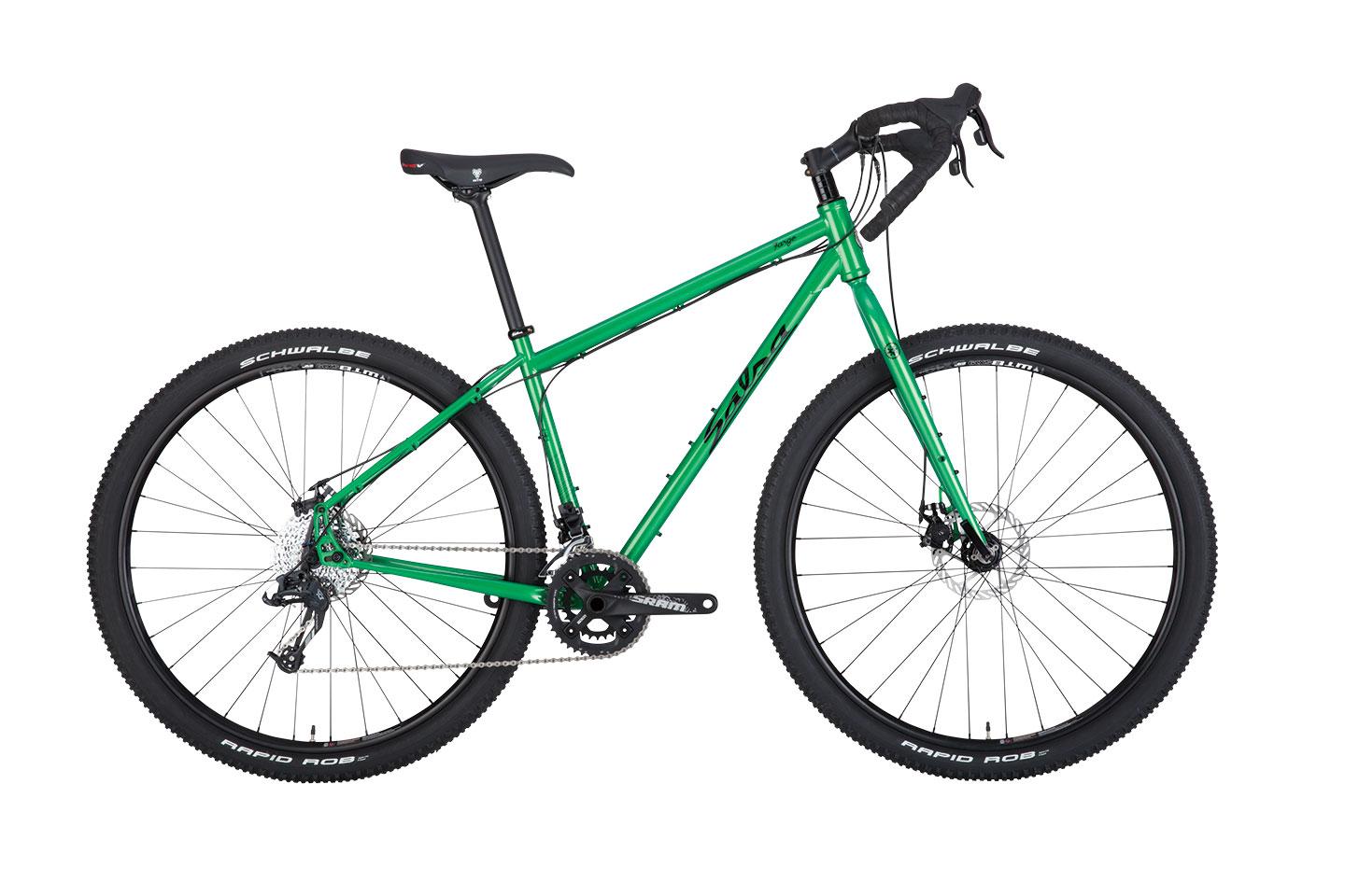 Salsa Fargo: A vibrant green mountain bike with a sleek aluminum frame, drop handlebars, and large knobby tires. The bike features a disc brake system and a drivetrain with multiple gears for versatile terrain handling. It is positioned against a neutral background.