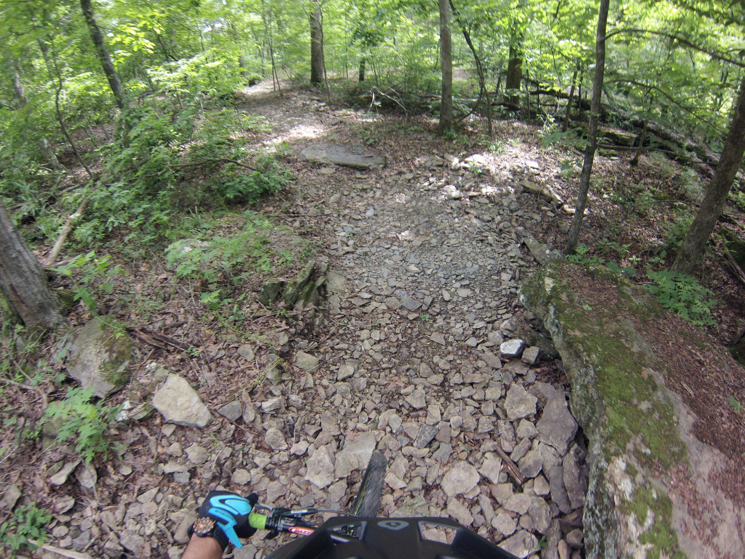 A view from a mountain bike handlebars navigating a rocky trail in a lush, green forest. Sunlight filters through the trees, illuminating the uneven terrain covered with stones and scattered foliage. Fossil Flats mountain bike trail.