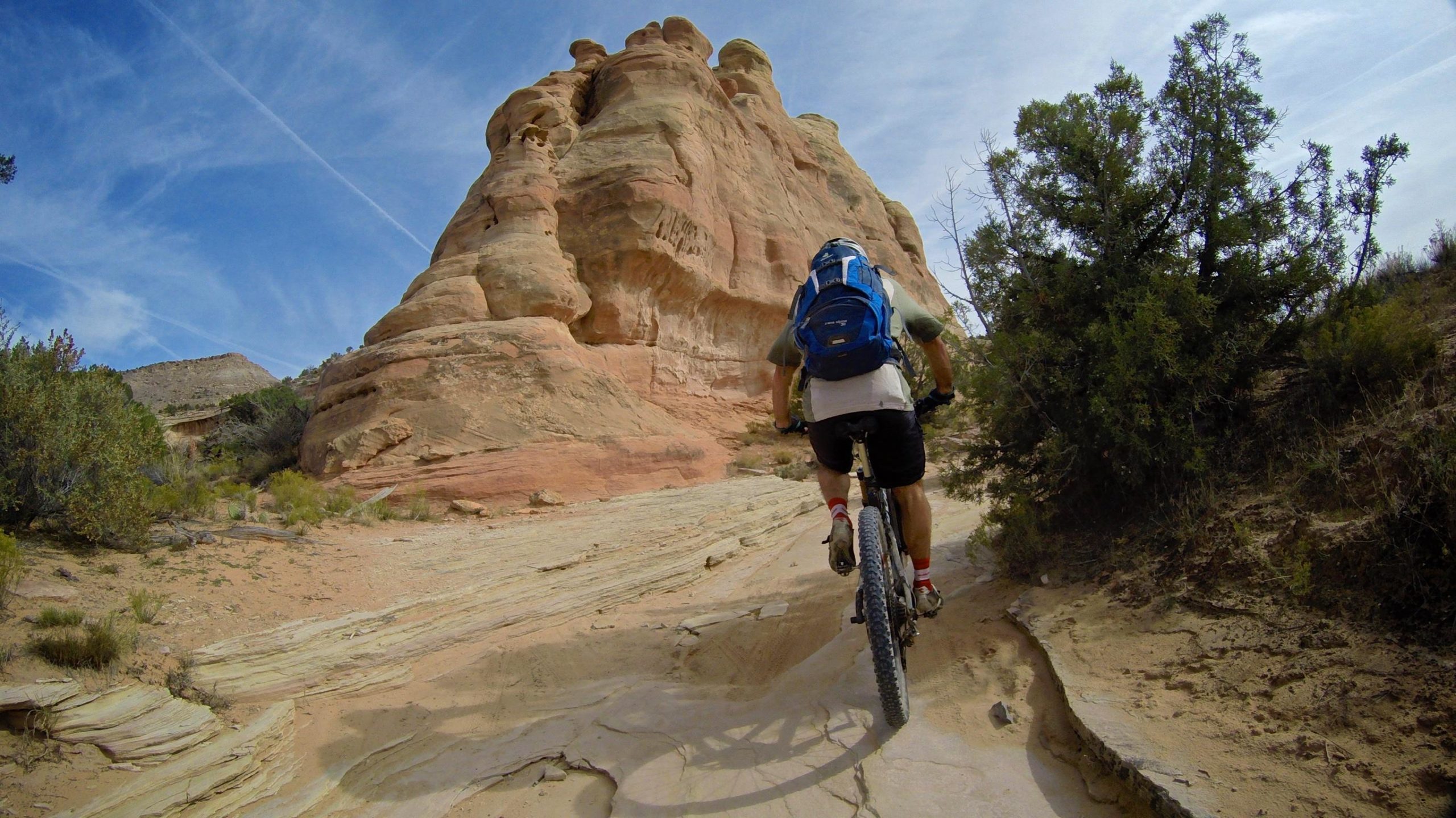 A mountain biker ascends a rocky trail, surrounded by tall, reddish rock formations and sparse vegetation under a blue sky with wispy clouds. Kokopelli Area Trails mountain bike trail.