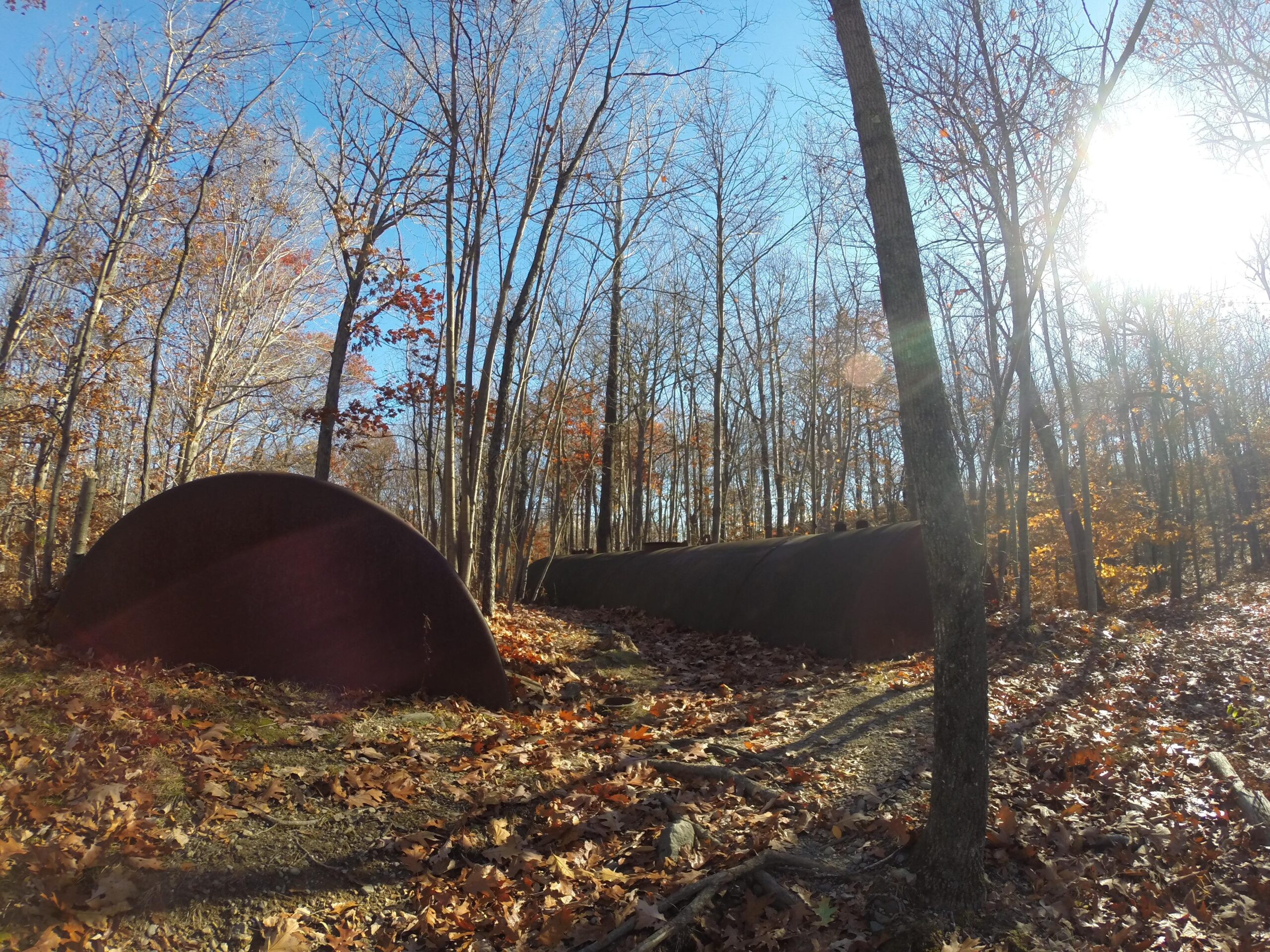 A forest scene showcasing bare trees in autumn, with a clear blue sky in the background. In the foreground, there are two large, curved metal structures partially covered with fallen leaves, indicating that they might be remnants of past industrial use. Sunlight filters through the trees, creating a serene and slightly mystical atmosphere. Long Pond Ironworks State Park mountain bike trail.