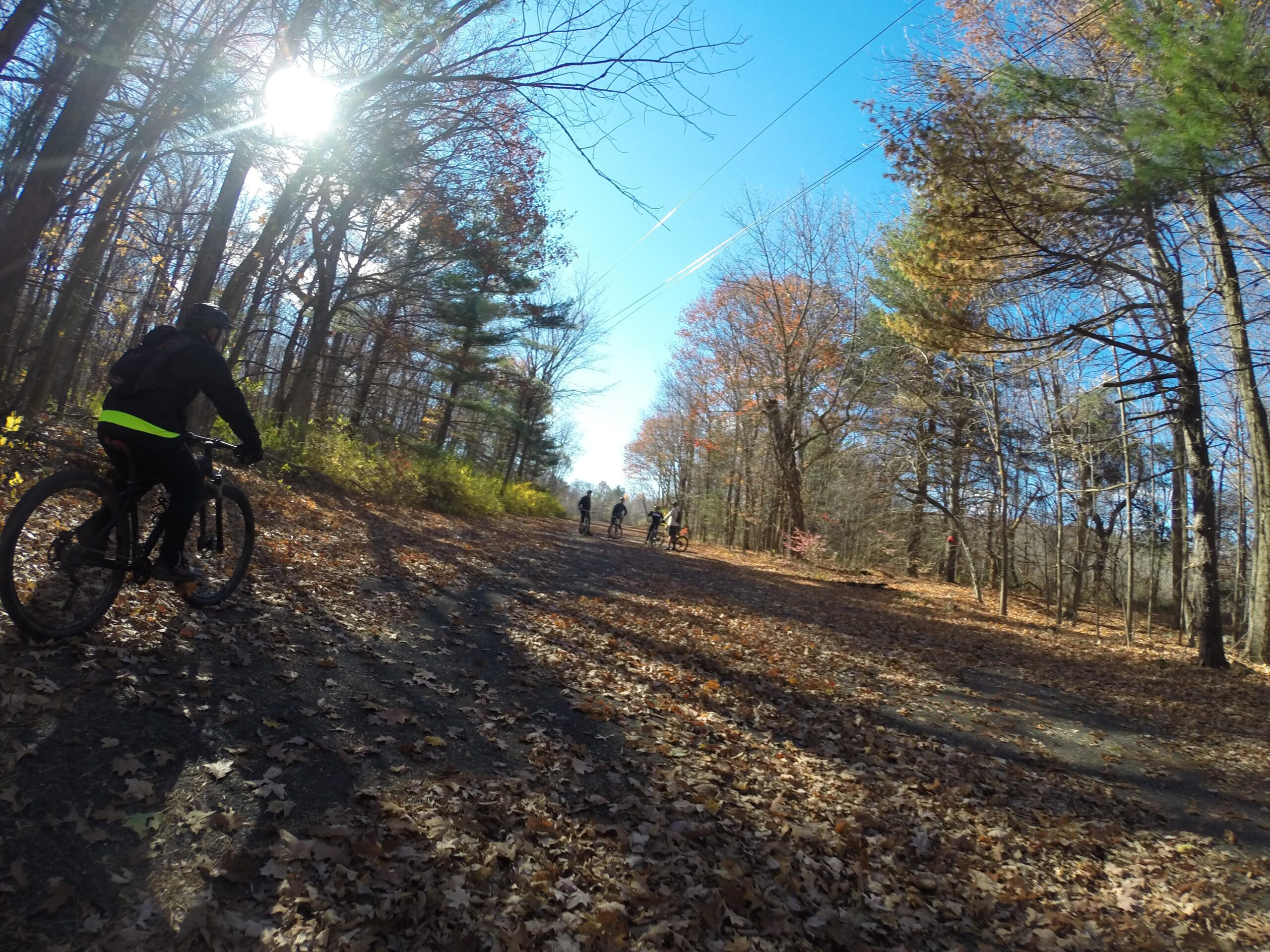 A cyclist in a black jacket and helmet rides on a leaf-covered dirt path through a wooded area. Sunlight filters through the trees, creating a bright atmosphere, while several other cyclists can be seen in the distance navigating the trail. The vibrant colors of autumn leaves add warmth to the scene against the clear blue sky. Long Pond Ironworks State Park mountain bike trail.