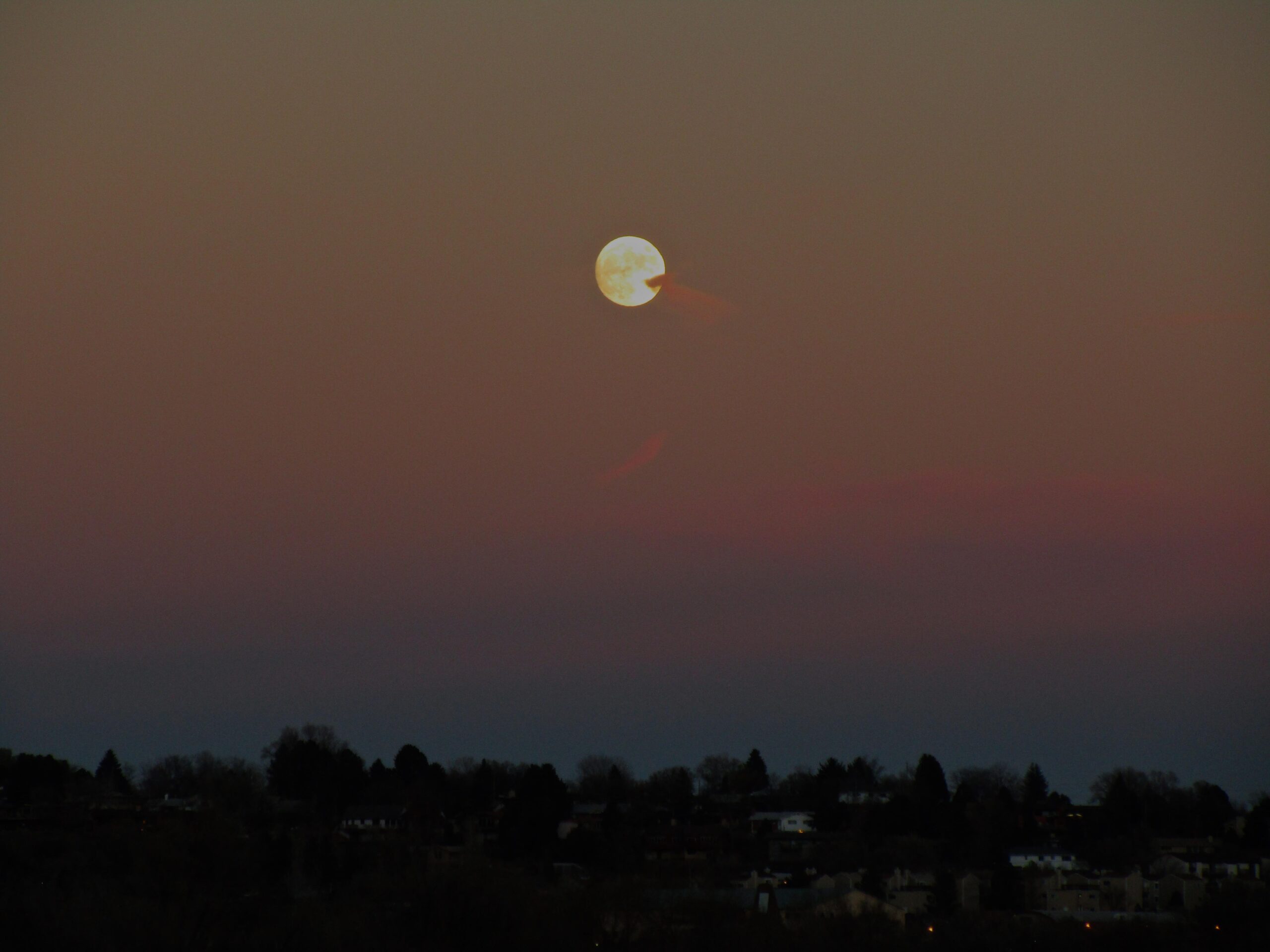 A bright full moon rising in a twilight sky, surrounded by soft pink and purple hues. Silhouetted trees and buildings are visible at the horizon. Red Rock Canyon mountain bike trail.
