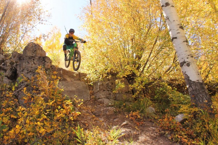A mountain biker soaring off a rocky ledge, surrounded by vibrant autumn foliage with rays of sunlight filtering through the trees.
