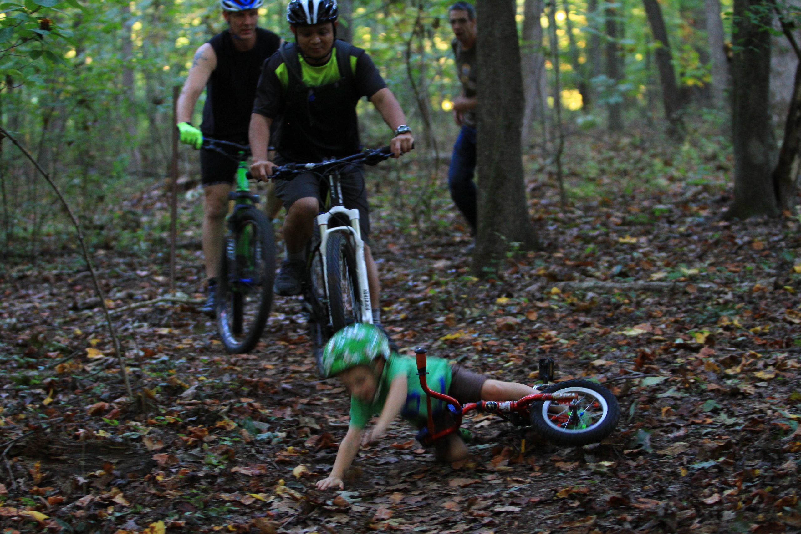 A child in a green helmet is on the ground, having fallen from a small bicycle in a forested area covered with fallen leaves. Two adult cyclists are visible in the background, riding their mountain bikes on the trail. One adult is approaching the child, while another can be seen slightly farther back, watching the scene unfold. Tanglewood Park mountain bike trail.
