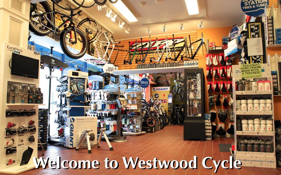 Alt text: Interior of a bike shop called Westwood Cycle, featuring various bicycles displayed on walls and hung from the ceiling, along with racks of cycling accessories and gear, such as helmets, water bottles, and tools.