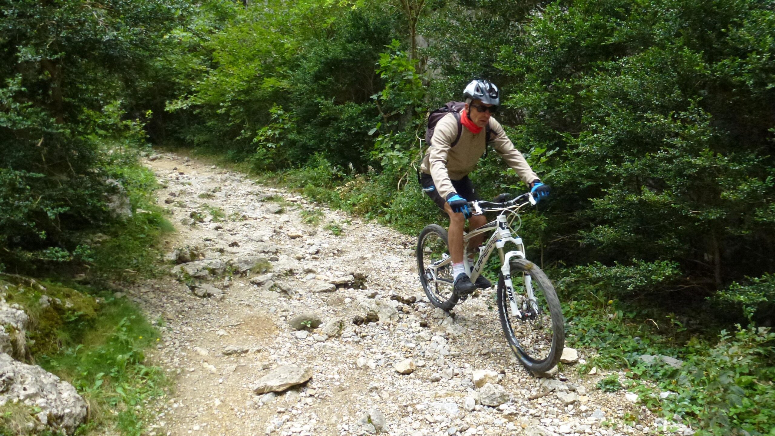 A person riding a mountain bike on a rocky, uneven trail surrounded by green foliage and trees. The cyclist wears a helmet, gloves, and is dressed in casual athletic clothing, demonstrating skill as they navigate the challenging terrain. Great Crossing of the Ariege mountain bike trail.