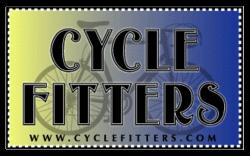Logo for Cycle Fitters featuring the phrase "CYCLE FITTERS" in bold, black font on a gradient background of yellow and blue, with a bicycle silhouette in the background. The website URL "www.cyclefitters.com" is also included.