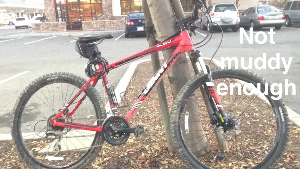 Giant Talon 27.5: A red mountain bike with a slightly dirty frame and tires is parked beside a tree in a parking lot. A restaurant is visible in the background, and there is text overlay that says "Not muddy enough."