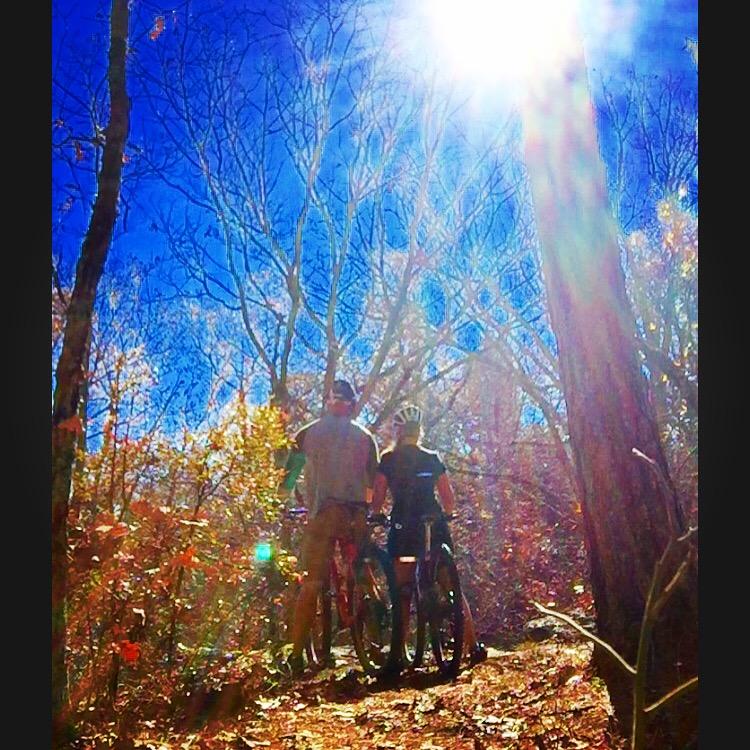 Two cyclists stand on a wooded trail, gazing toward a bright sun shining in a clear blue sky. The landscape is adorned with autumn foliage in shades of orange and yellow, and the trees are mostly bare, creating a serene outdoor scene. Forest City Trail mountain bike trail.