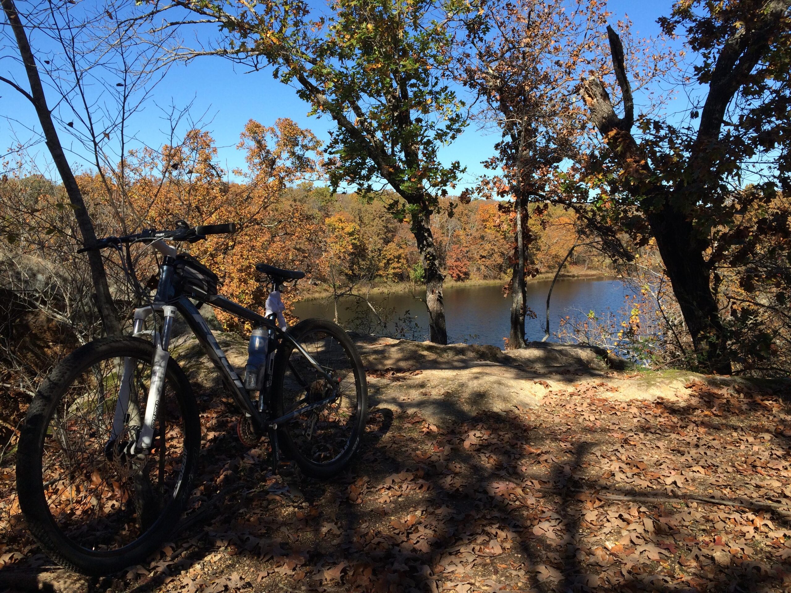 Fuji Nevada 29 1.7: A mountain bike resting on a rocky overlook surrounded by trees with autumn foliage, overlooking a calm lake under a clear blue sky. The ground is covered in fallen leaves, creating a picturesque fall scene.