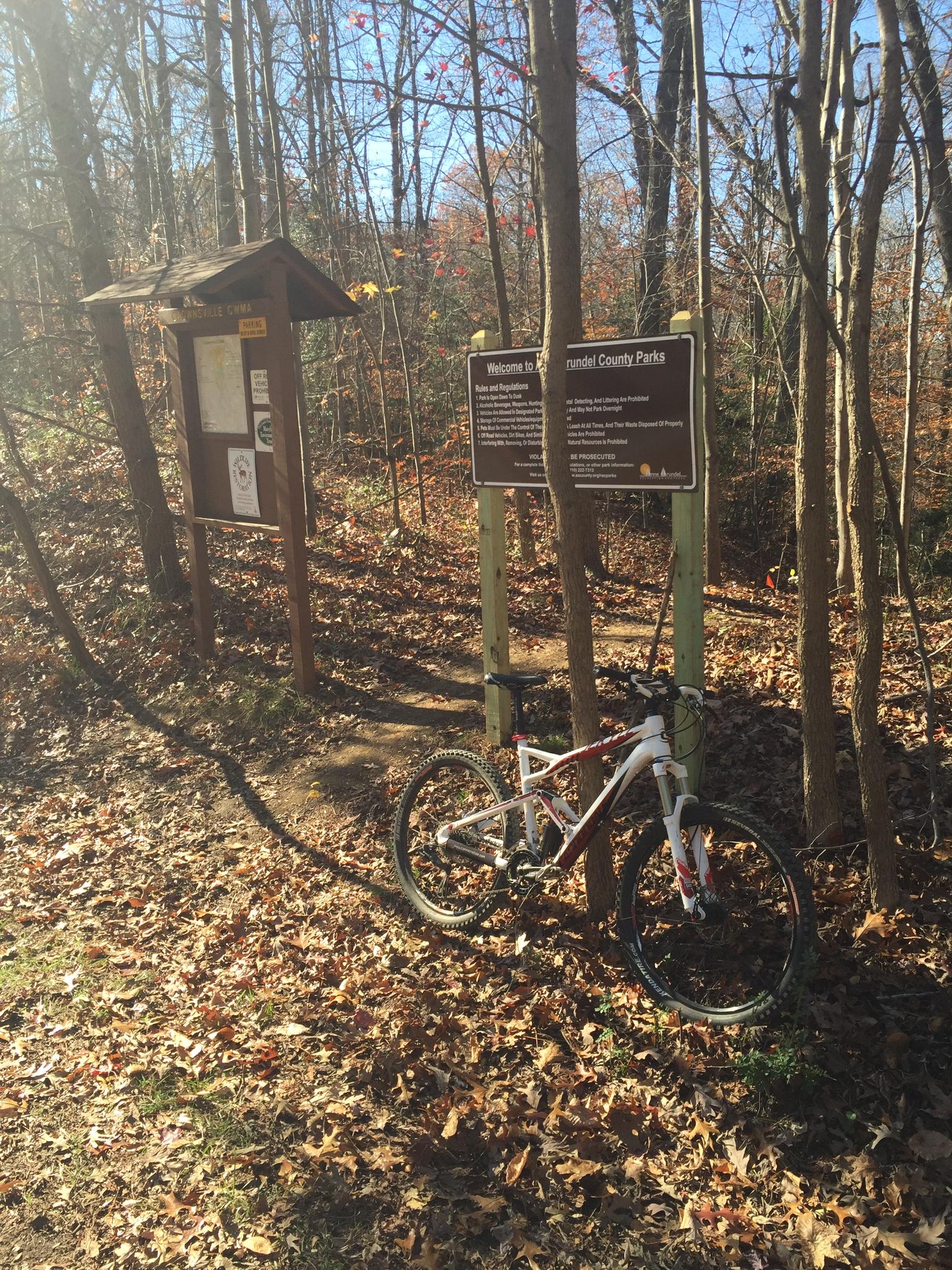 A mountain bike leaning against a tree near trail signage in a wooded area. The ground is covered in autumn leaves, and there are informational boards detailing rules and regulations for the park in the background. The scene is bright and sunny, with a clear blue sky visible through the trees. Bacon Ridge Natural Area mountain bike trail.