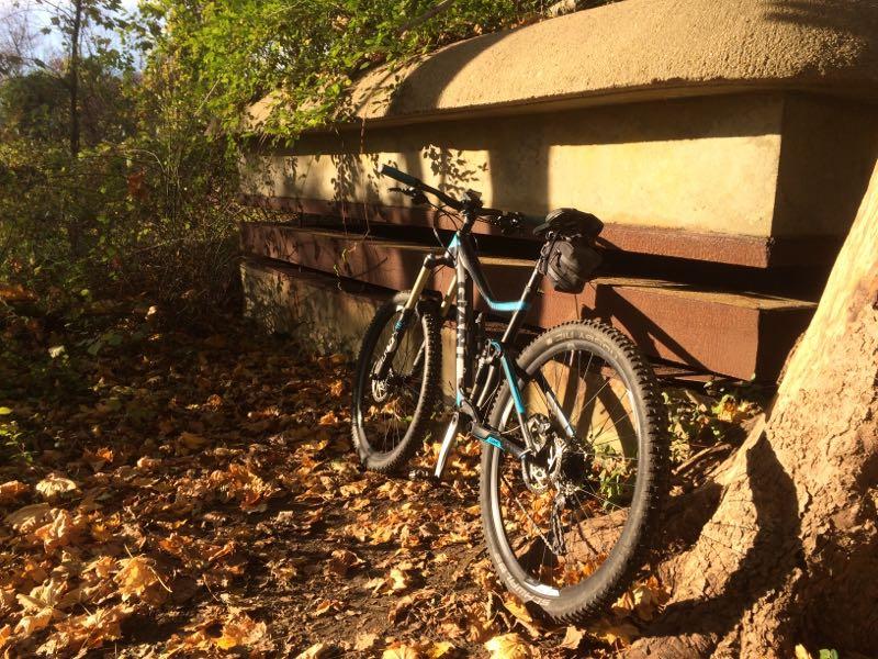 A mountain bike resting against a tree, surrounded by fallen autumn leaves. In the background, a concrete structure is partially visible, with natural foliage framing the scene in warm sunlight. Hartshorne Woods Park mountain bike trail.