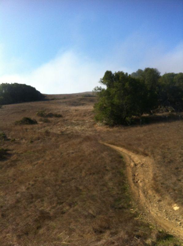 A winding dirt path leads through an open, dry landscape with sparse vegetation and a few scattered trees. The sky is clear with some distant clouds, creating a serene outdoor scene. Solstice mountain bike trail.