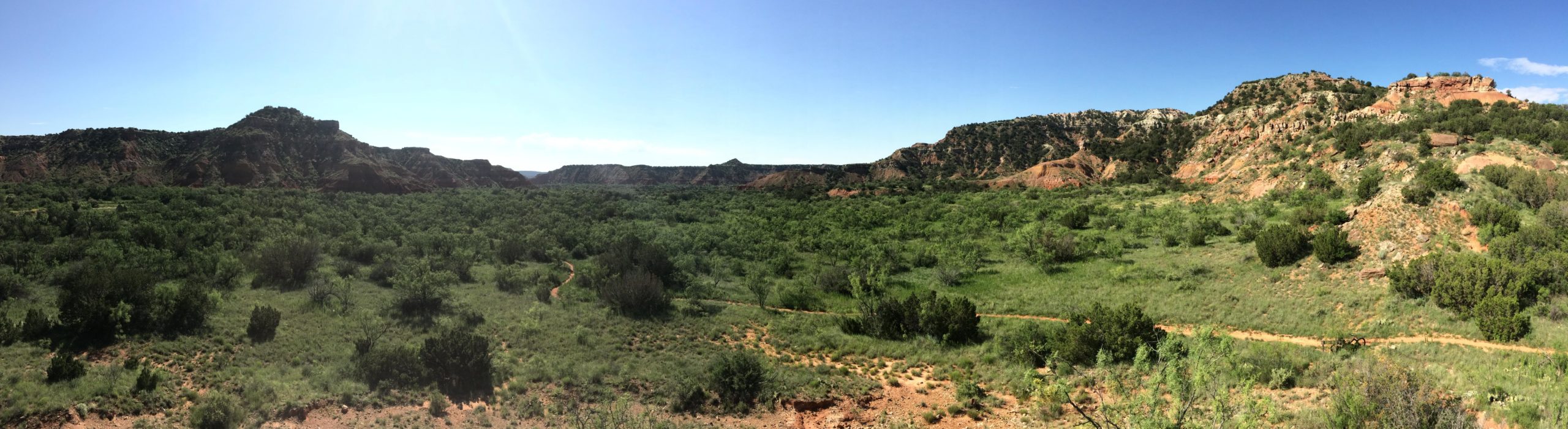 Panoramic view of a lush green valley surrounded by rugged hills and rock formations under a clear blue sky. The landscape features a mix of shrubs and grass, with winding dirt paths visible in the foreground. Palo Duro Canyon mountain bike trail.