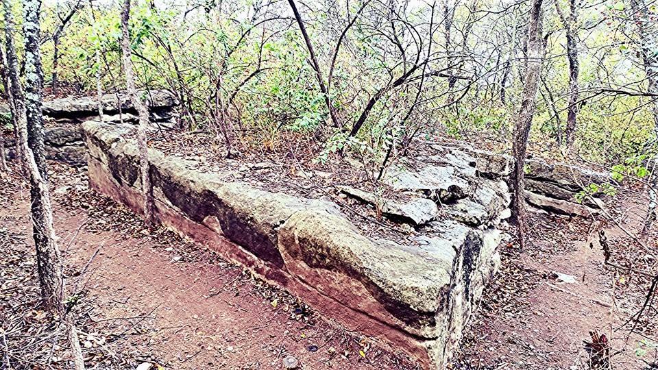 A weathered stone structure partially covered in leaves and surrounded by trees, indicating a natural, overgrown landscape. The structure appears to be a long, rectangular platform made of large stones, with an uneven surface and moss growth, suggesting it may be an old ruin or artifact in a wooded area. Lake Ponca Trails mountain bike trail.